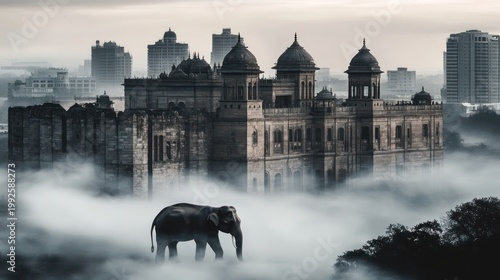 Misty landscape, ancient palace, lone elephant