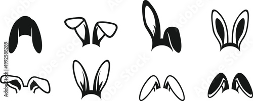 Various black and white rabbit ear line art illustrations in different styles and positions