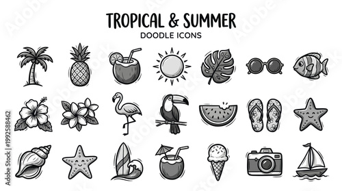 set of hand drawn vector illustration of topical things
