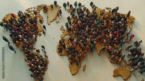 Tiny figures of people densely populate a world map