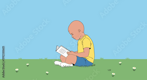 Young boy reading a book outside.