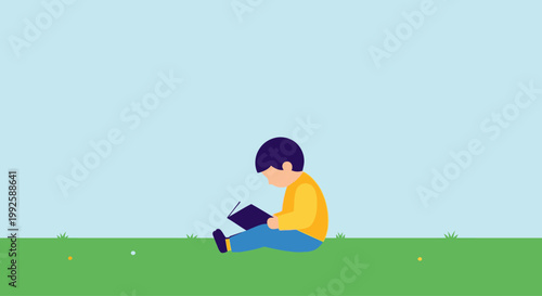 Boy sitting on grass with tablet.