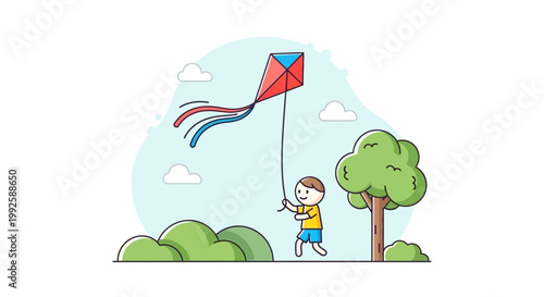 Boy Playing with Red Kite Outdoors.