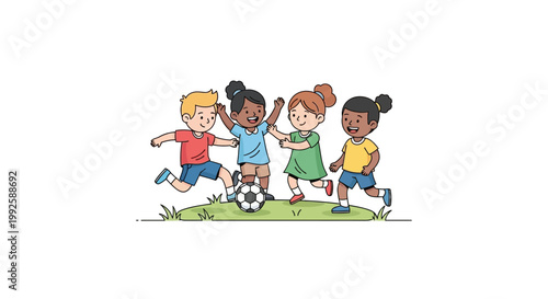 Children Playing Soccer Together Outdoors.