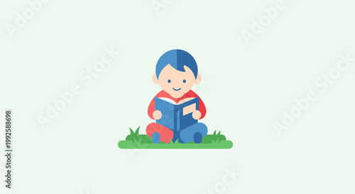 Cartoon boy reading a book outside.
