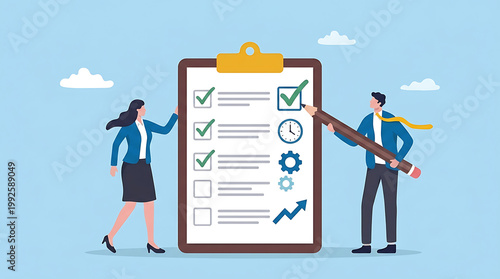 Clipboard task checklist document with successful checkmark symbols for efficient business management organization and work completion tracking including survey questionnaire assessment form.