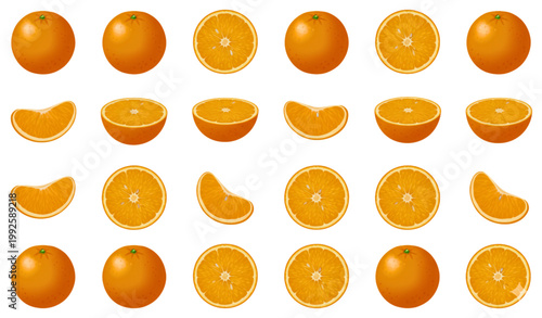Fresh orange fruit vector set with whole peeled and sliced citrus isolated on white background for design and print