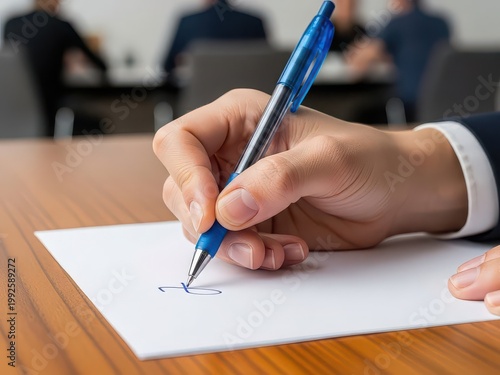 Hand signing document with blue pen at table writing