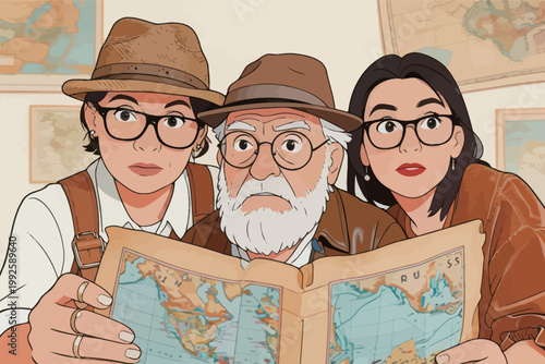 Travel team studies map to plan adventure in an unknown land with excitement and curiosity