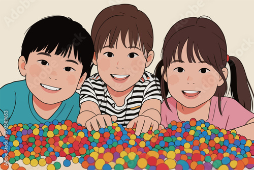 Three children smile and play with colorful balls in a bright room during a fun afternoon activity together
