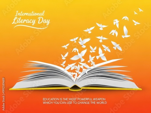 Open book with white birds flying out on orange background freedom