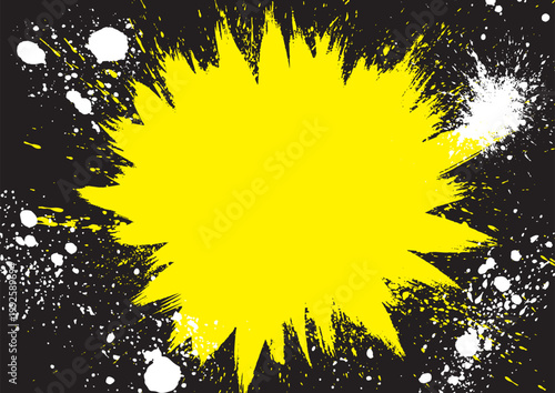 Vivid Yellow Paint Splash with Ink Splatter Abstract Background