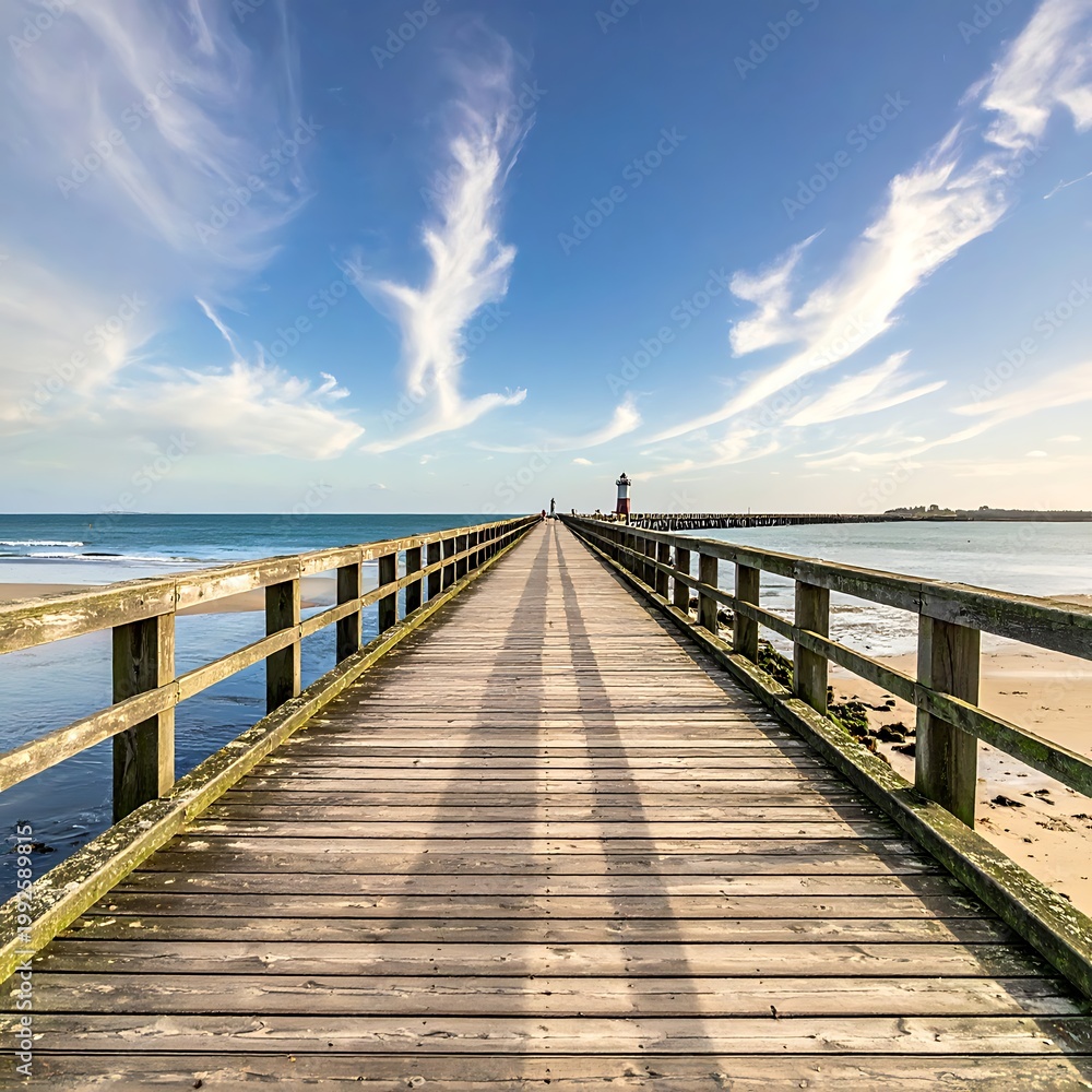 Fototapeta premium A serene wooden pier stretches into the calm sea under a blue sky