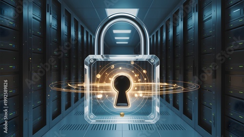 Glowing digital padlock floating in a dark server room aisle with rows of computer racks and data center equipment