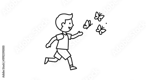Boy Chasing Colorful Flying Butterflies.