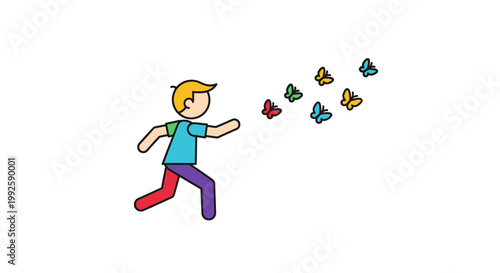 Boy running with colorful butterflies flying.
