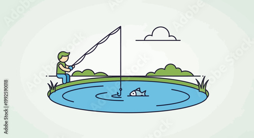 Man fishing on a pond shore.