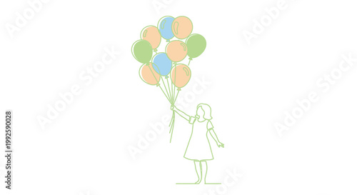Little girl holding colorful balloons high.