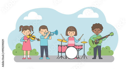 Children playing musical instruments together outdoors.