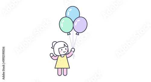 Little girl holding colorful balloons high.
