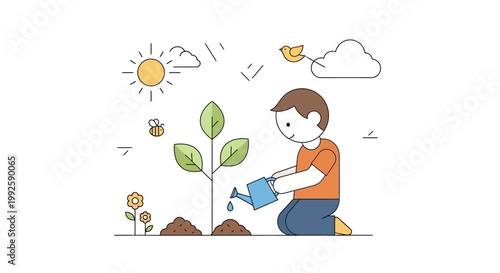 Boy Watering Young Green Plant.