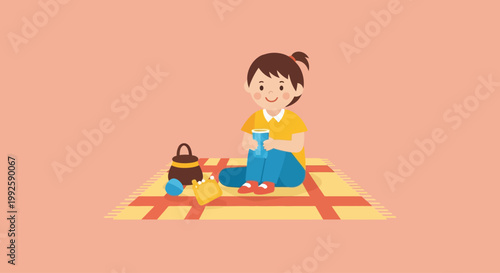 Young girl sitting on mat playing.