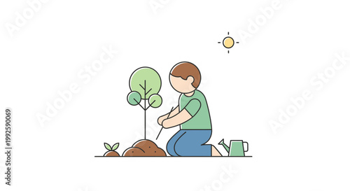 Child Planting Small Green Tree Sapling.