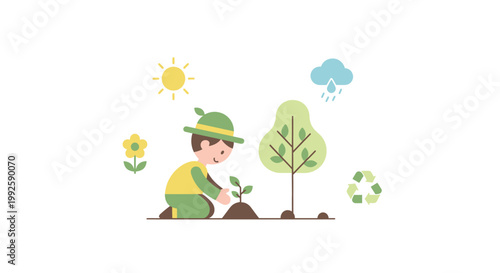 Child Planting Small Green Tree Sapling.