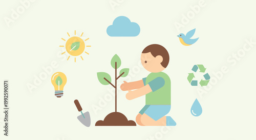 Boy Planting Small Green Tree Sapling.