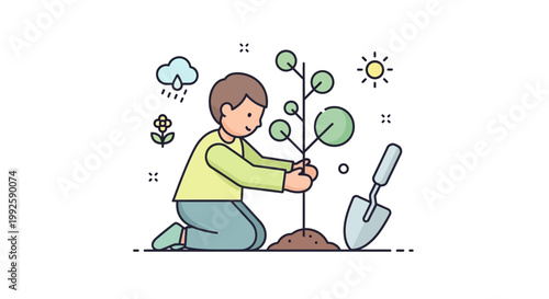 Boy Planting Small Green Tree Sapling.