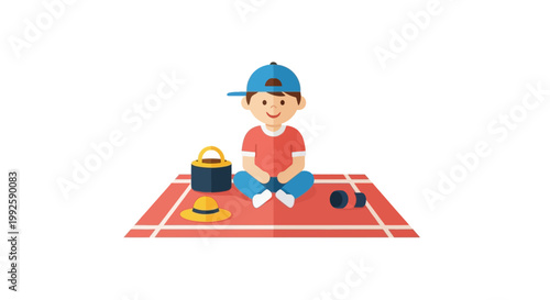 Little boy sitting on mat outdoors.