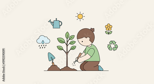 Little girl planting a green sapling.