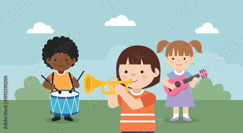 Children playing musical instruments together.