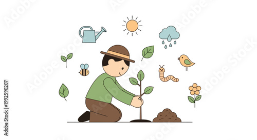 Man Planting Young Green Tree Sapling.