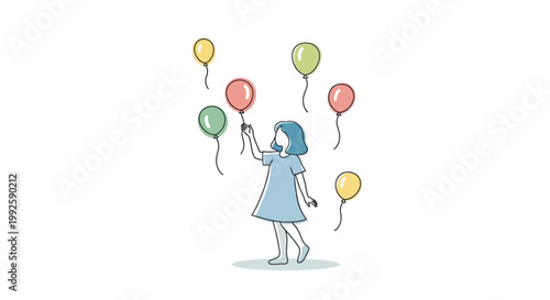 Little girl holding colorful balloons high.