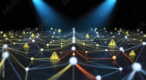 Network of interconnected nodes and lines with yellow warning triangle on dark surface