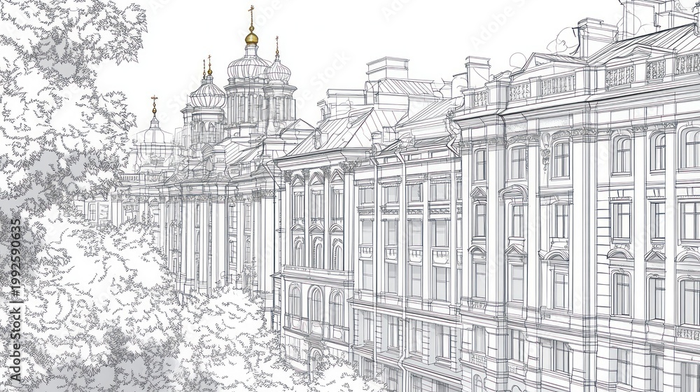 Obraz premium Elegant, detailed line drawing of European architecture