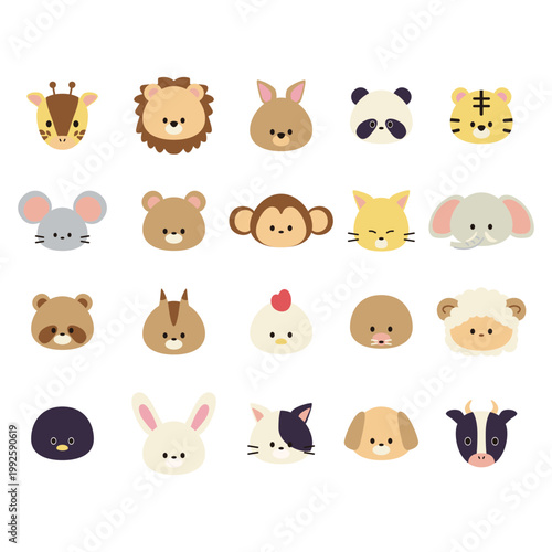 かわいい動物の顔だけイラストのセット