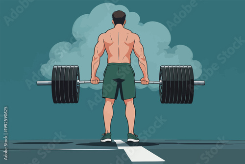 Man lifts heavy barbell in gym during workout session with focus on strength and fitness training