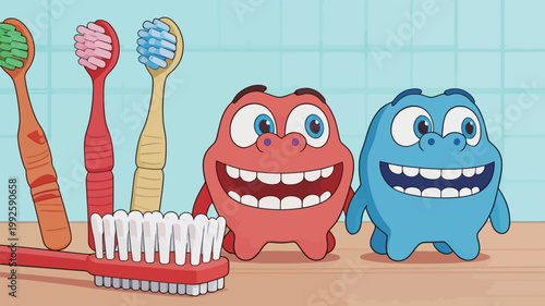 Characters smile and chat next to toothbrushes on a bathroom counter as they promote good dental habits in a fun setting