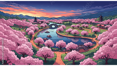 Japanese Cherry Blossom Park Scenery, Spring Travel Destination, Vibrant Pink Bloom Landscape