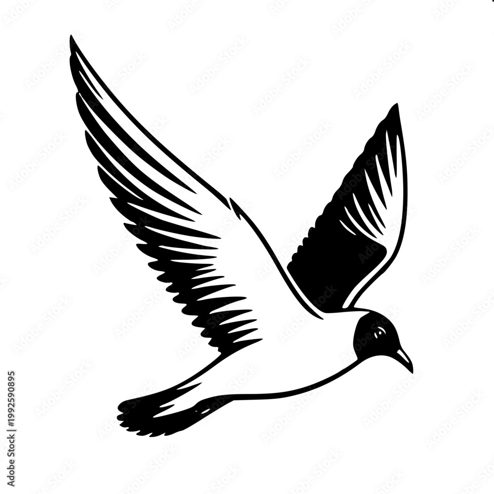 Fototapeta premium Minimalist black and white vector of Seagull in flight isolated on white background