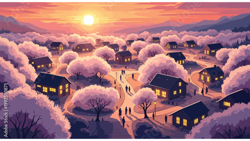 Cozy Village Sunset Ambiance, Suburban Neighborhood Houses, Warm Evening Light