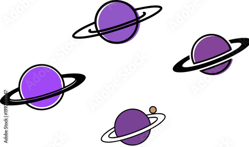 Purple planet vector set with rings, celestial saturn icons collection, flat cartoon space elements for educational science graphics and cosmic design