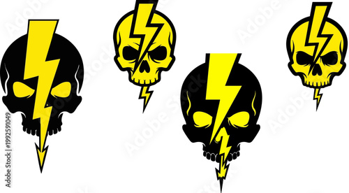 Edgy skull and lightning bolt vector set, aggressive thunderbolt cranium graphics, black and yellow electric skull icons for streetwear design
