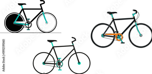 Minimalist bicycle vector set, modern urban fixed gear bike illustrations, black and teal cycling icons for sports branding and city lifestyle design