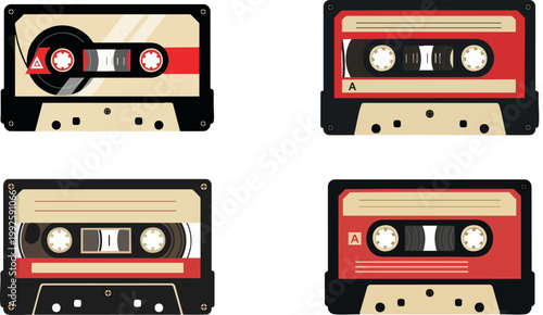 Retro audio cassette tape set, vintage 80s music collection vector, nostalgic analog media icons in red and black, 4 classic magnetic tape elements