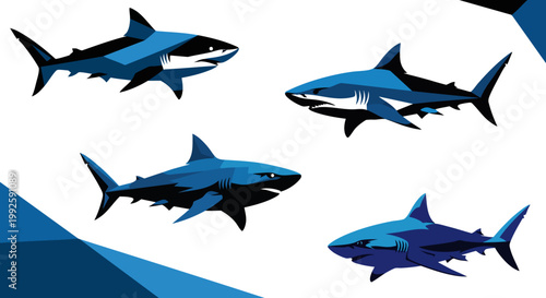 Aggressive shark vector set, blue great white shark illustrations in geometric style, 4 predatory sea animal icons for sports mascot and logo design