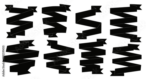 Quadro su tela Group of Modern Black Ribbon Banners with Angular Folds on Isolated White Backgr