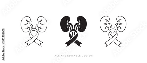 Kidney awareness ribbon icon . Outline and Solid style. Nephrology kidney vector icon. vector illustration